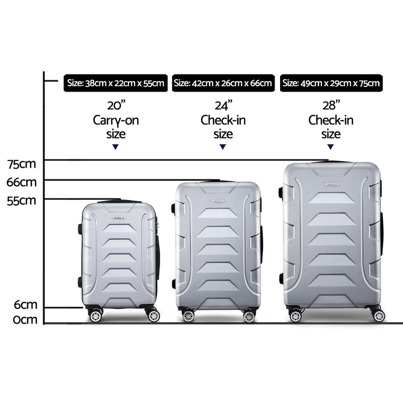 Wanderlite 3PCS Carry On Luggage Sets Suitcase TSA Travel Hard Case Lightweight Silver - Sale Now