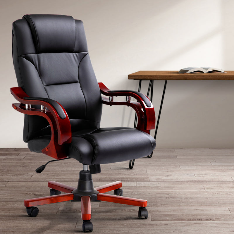 Artiss Executive Wooden Office Chair Wood Computer Chairs Leather Seat Sherman - Sale Now