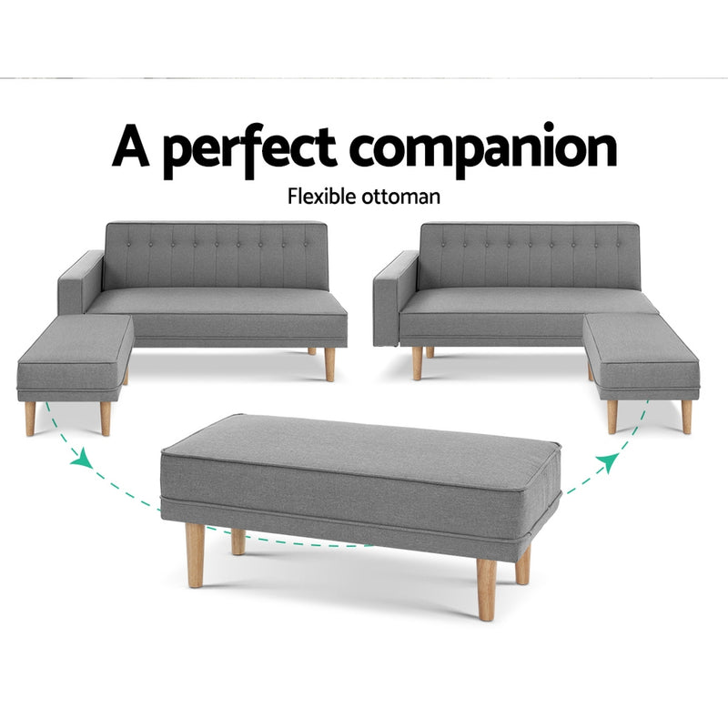 Artiss 3 Seater Sofa Bed Ottoman Recliner Lounge Scandinavian Grey - Sale Now