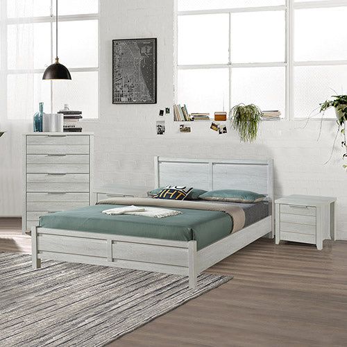 Alice 3 Pieces Bedroom Suite Natural Wood Like MDF Structure Queen Size White Ash Colour Bed, Bedside Table